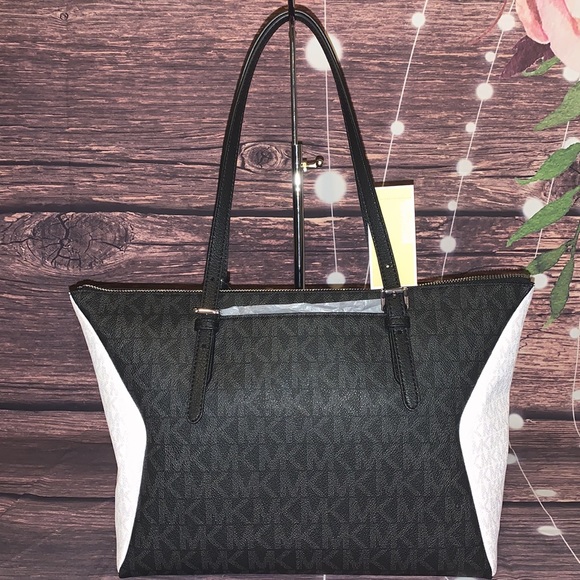 MICHAEL KORS CAROLINE BLACK WHITE SIGNATURE TOTE - Picture 5 of 8